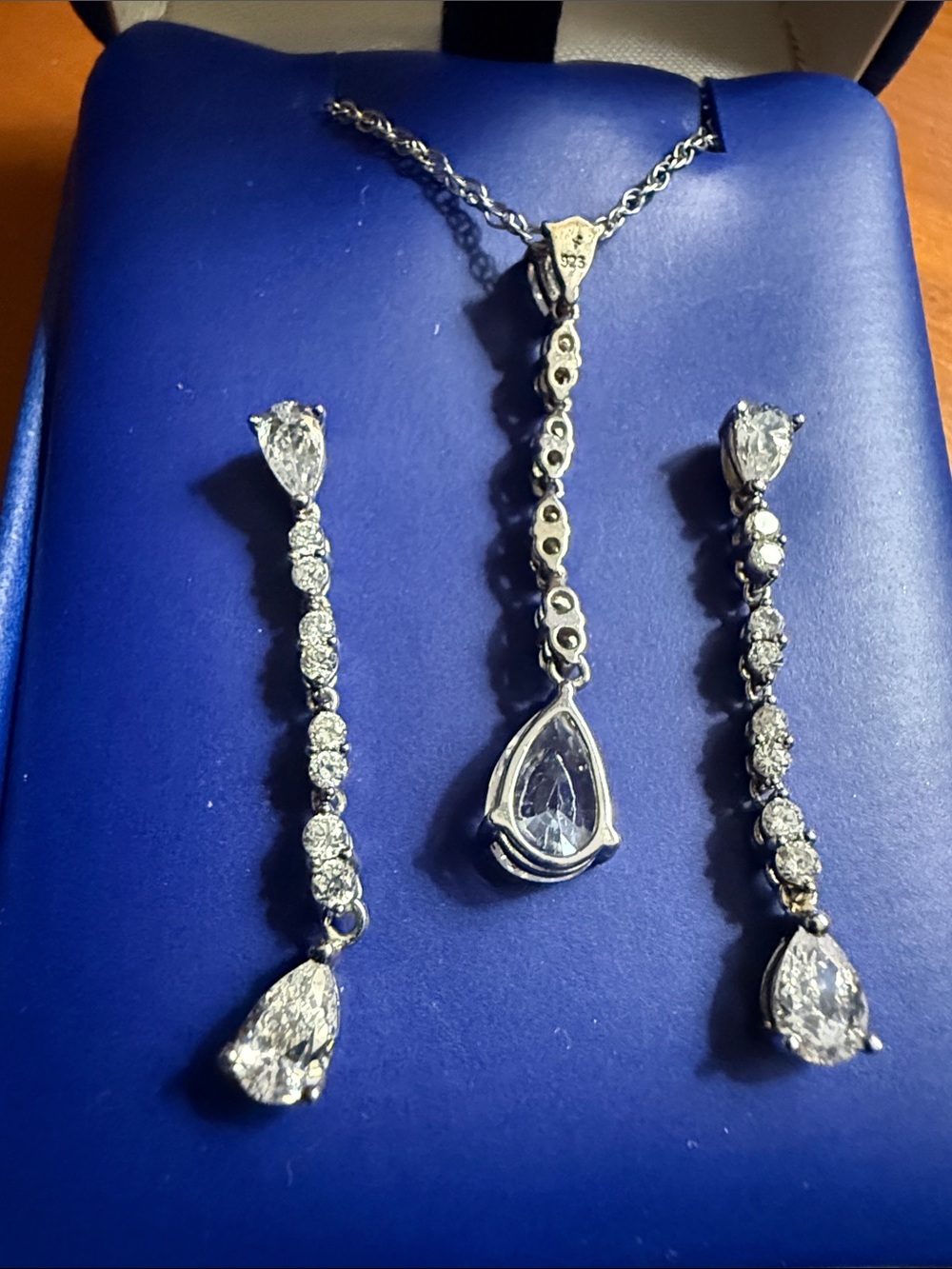 Sterling Silver Teardrop CZ Pendant and Drop Earrings Set - Silver (pierced)
